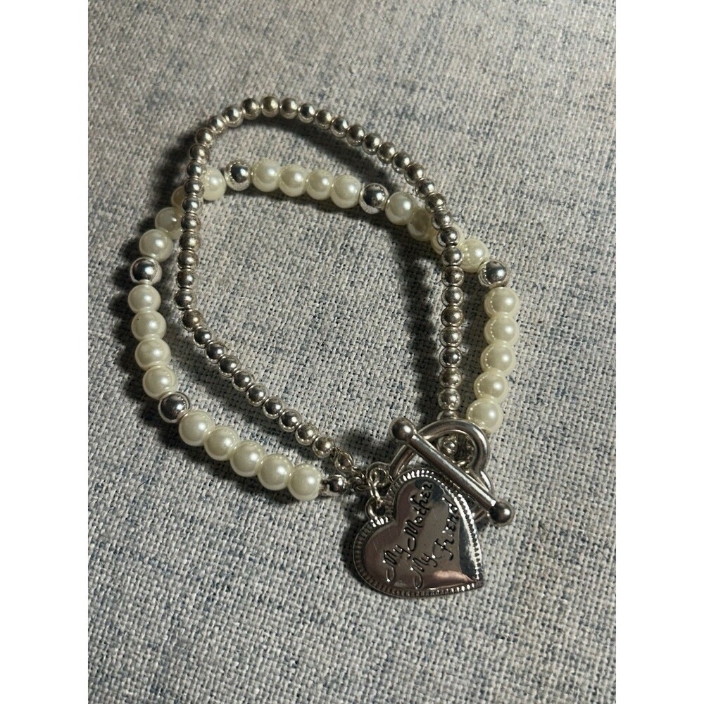 My Mother My Friend Stretchy Silver tone Beaded Bracelet 8 Inch